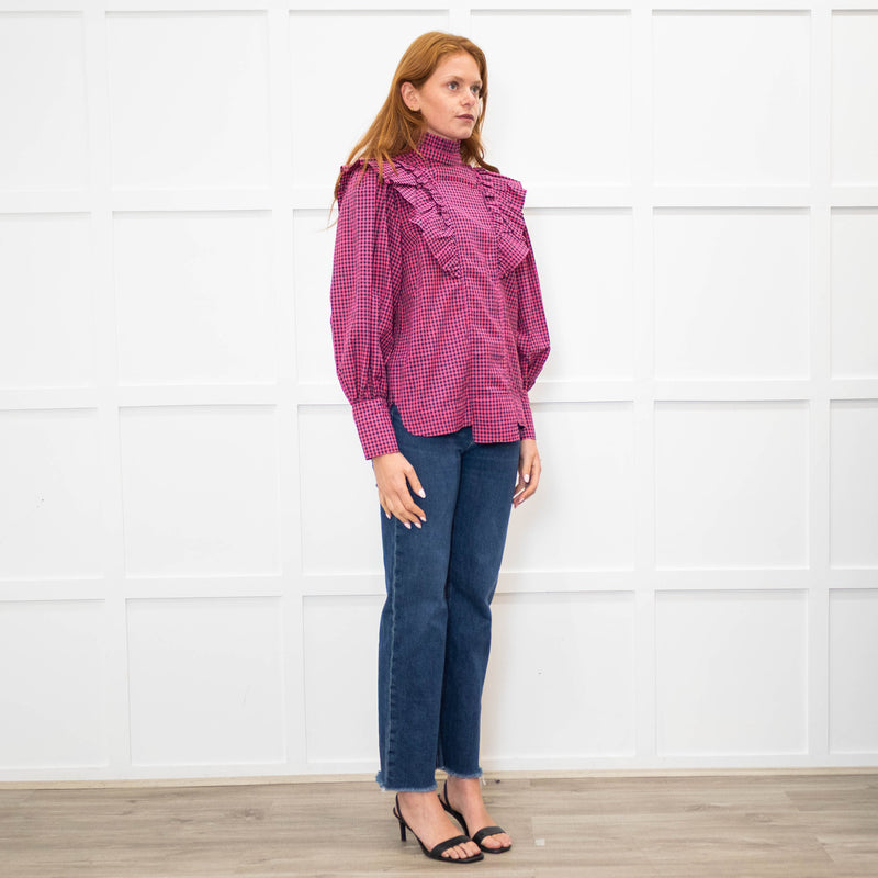 Ganni Pink Black Check High Neck Ruffle Front Blouse