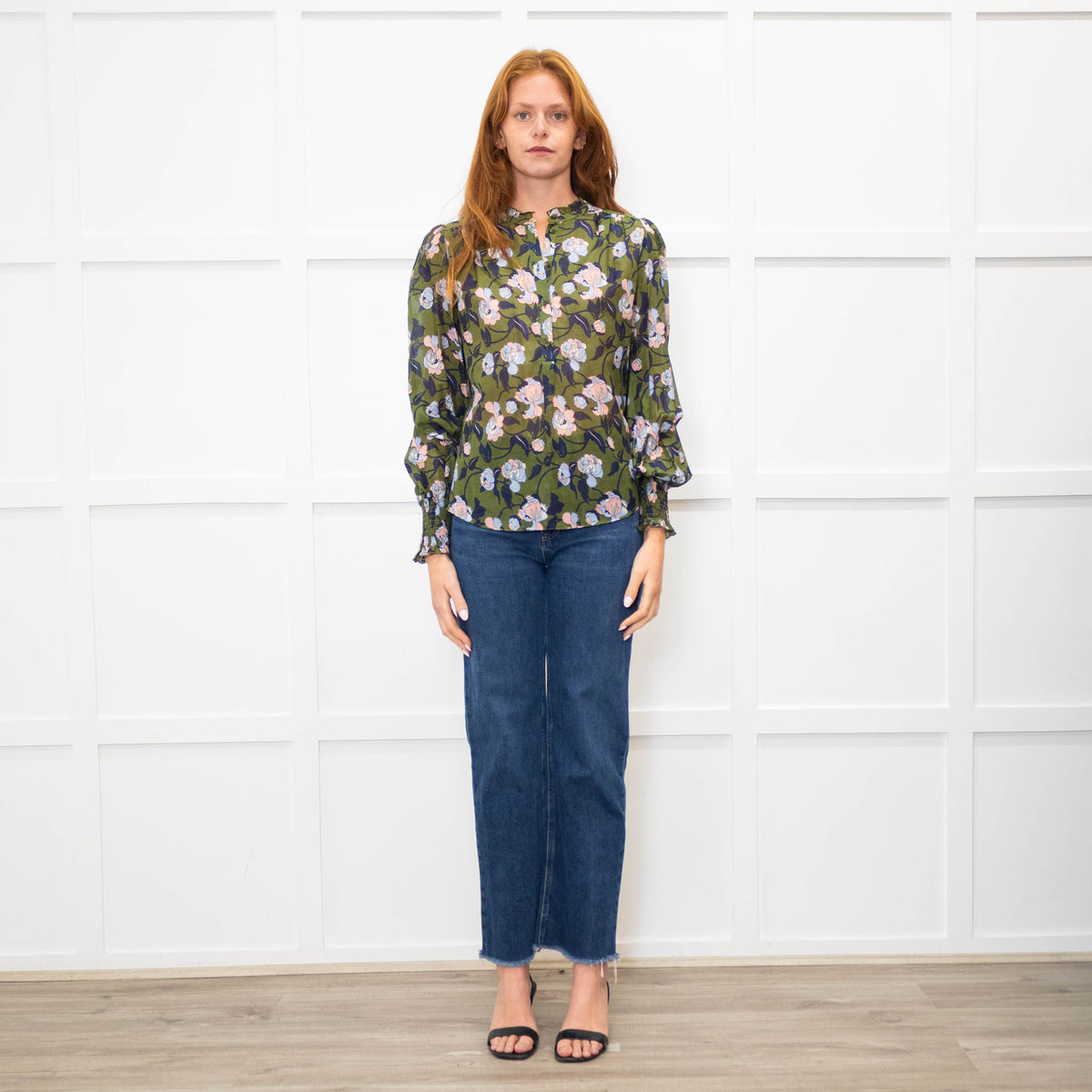 Me + Em Green Blue Floral Long Sleeve Top