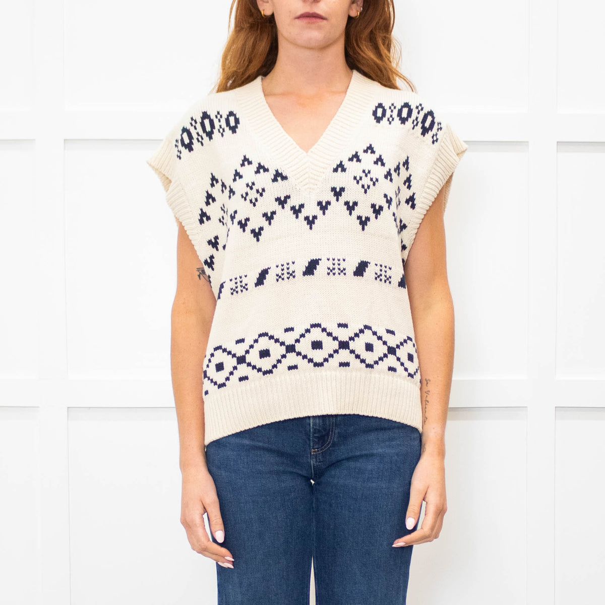 Weekend Max Mara Cream Black Geometric Motif V Neck Tank Top