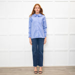 Maje Blue Red Cream Fine Stripe Frill Collar & Cuff Blouse