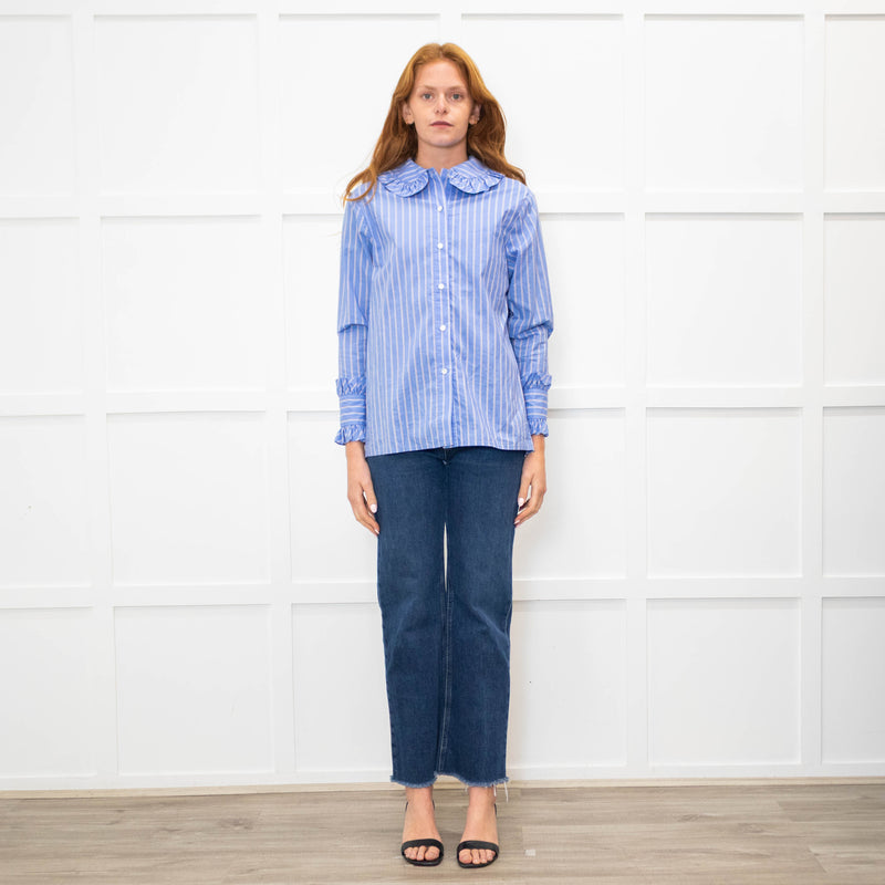 Maje Blue Red Cream Fine Stripe Frill Collar & Cuff Blouse