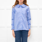 Maje Blue Red Cream Fine Stripe Frill Collar & Cuff Blouse
