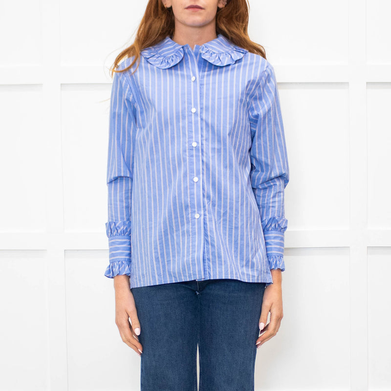 Maje Blue Red Cream Fine Stripe Frill Collar & Cuff Blouse