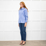 Maje Blue Red Cream Fine Stripe Frill Collar & Cuff Blouse