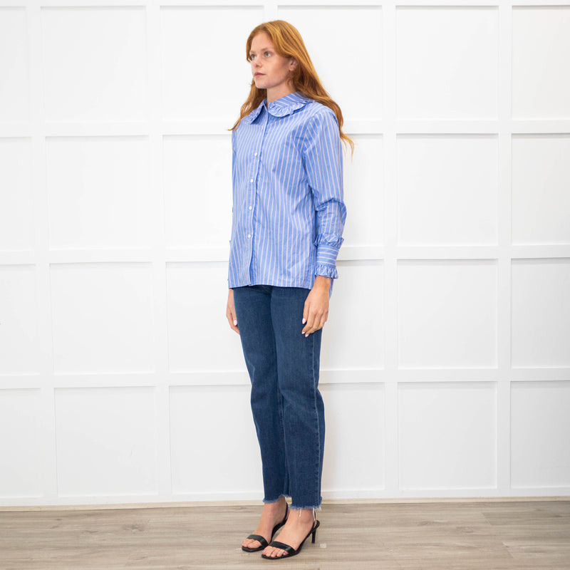 Maje Blue Red Cream Fine Stripe Frill Collar & Cuff Blouse