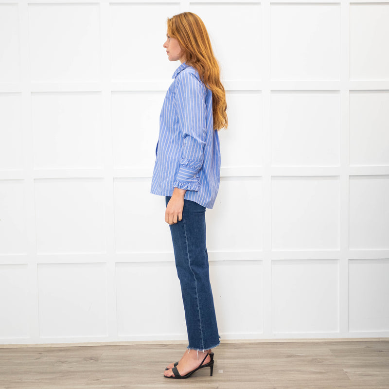 Maje Blue Red Cream Fine Stripe Frill Collar & Cuff Blouse