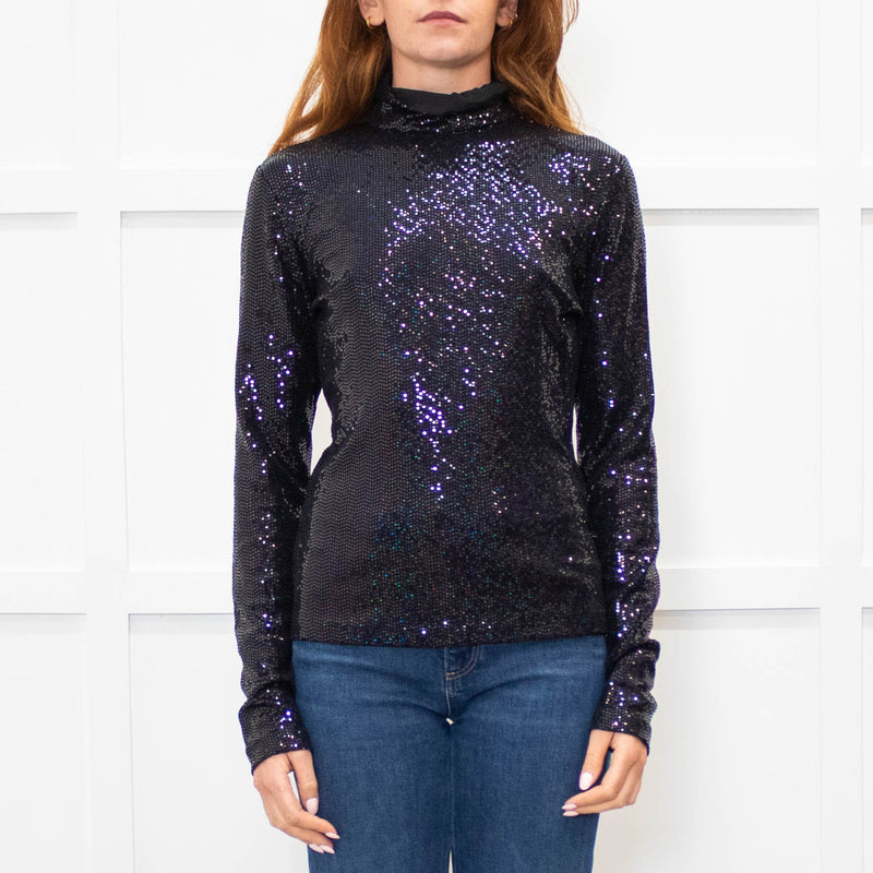 MSGM Black Sequin Mock Neck Top