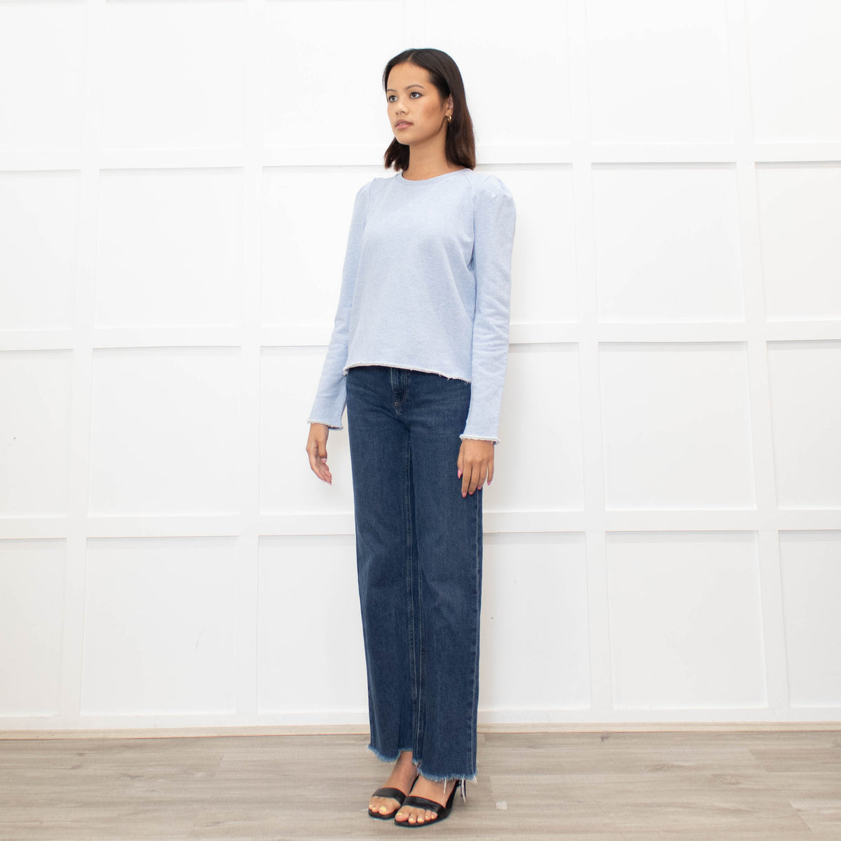 Me + Em Pale Blue Puff Shoulder Sweatshirt