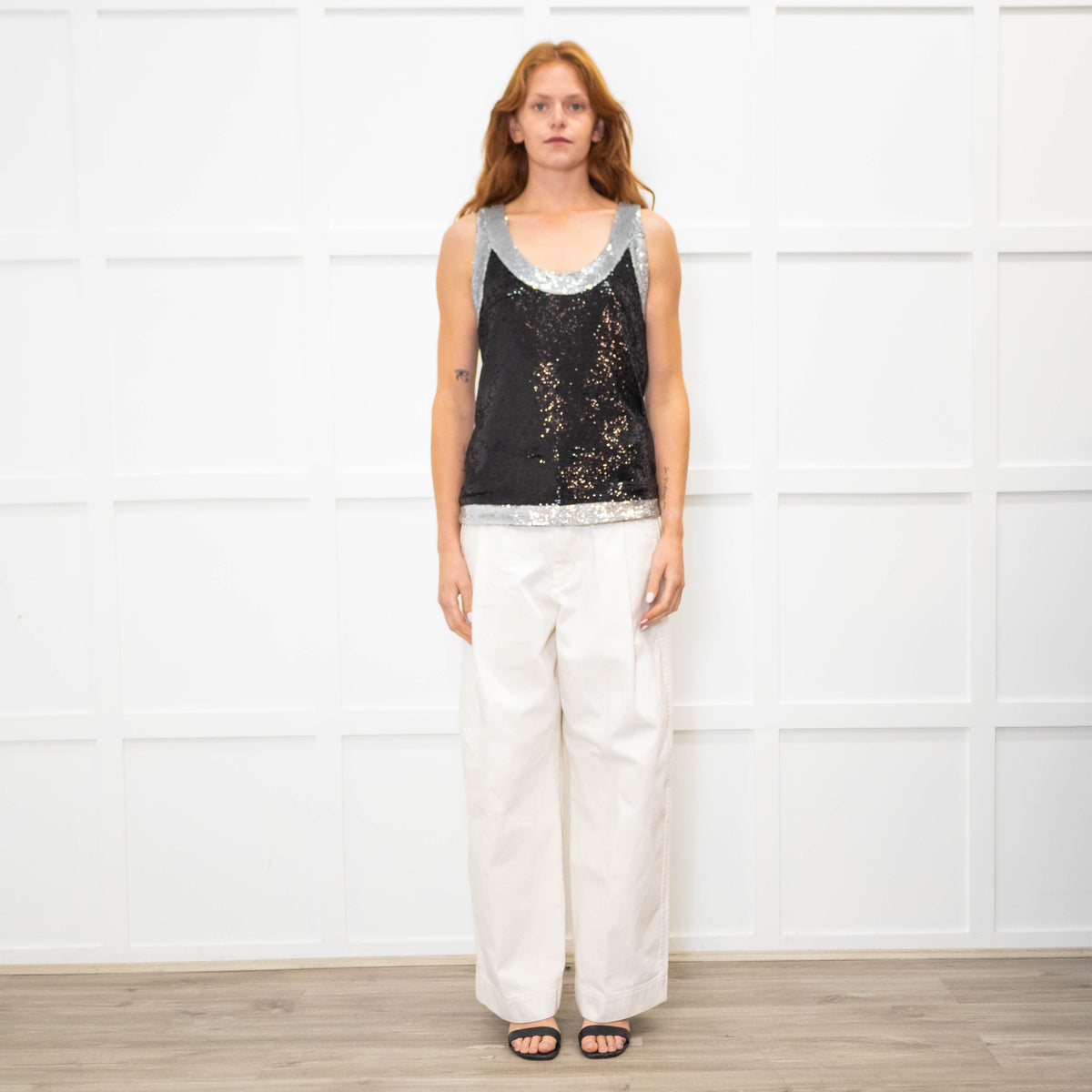 Balmain Black Silver Trim Sequinned Sleeveless Top