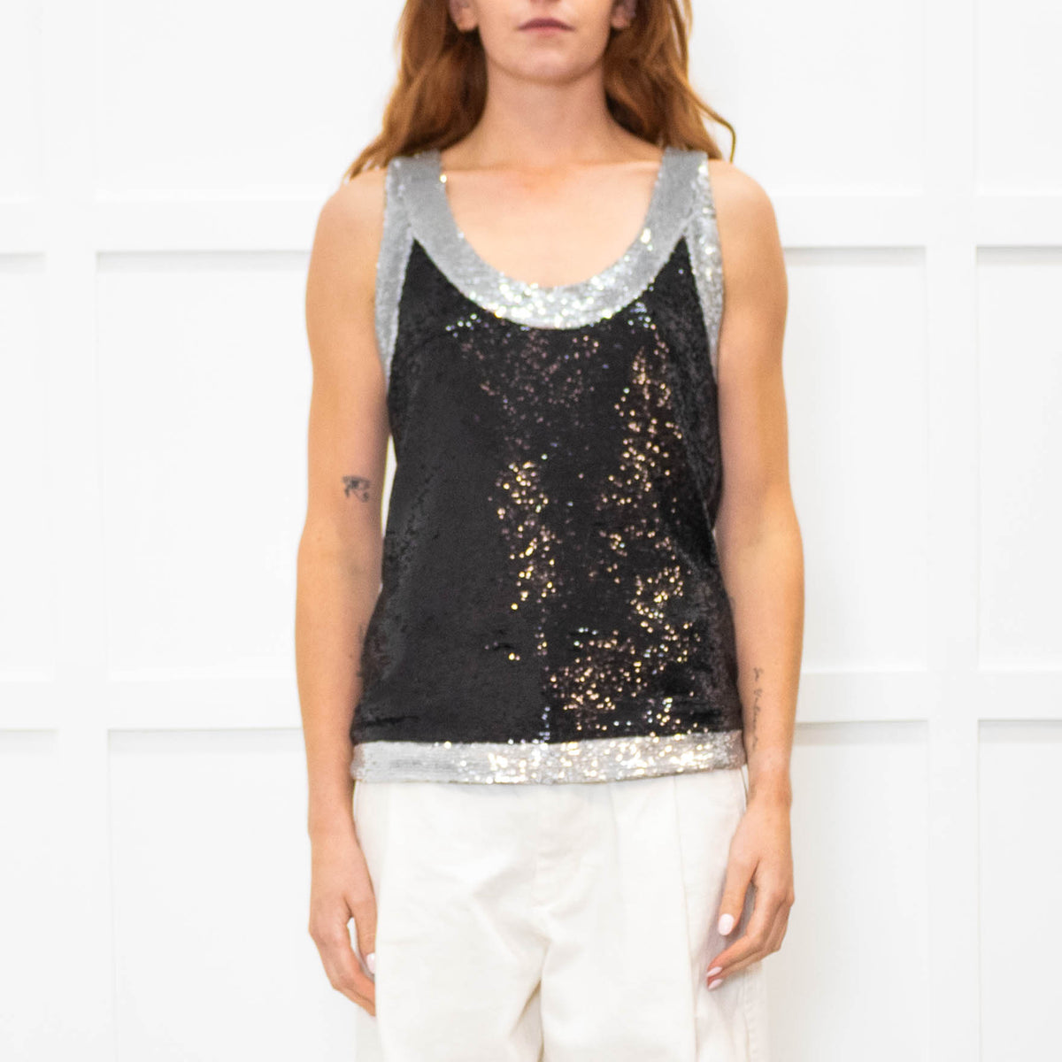Balmain Black Silver Trim Sequinned Sleeveless Top