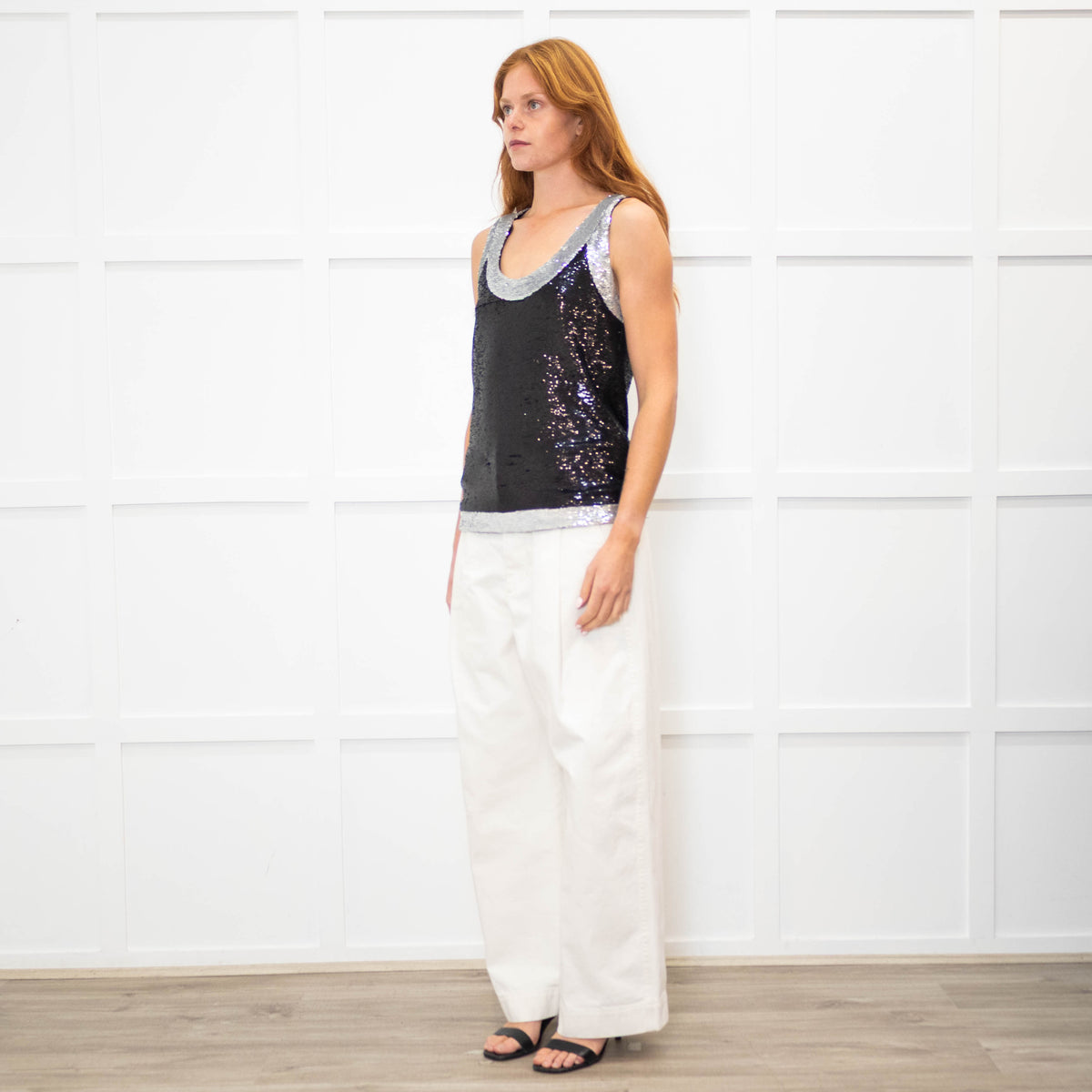 Balmain Black Silver Trim Sequinned Sleeveless Top
