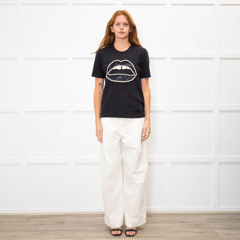Markus Lupfer Black Faux Pearl Trim Lip Embellished T-Shirt