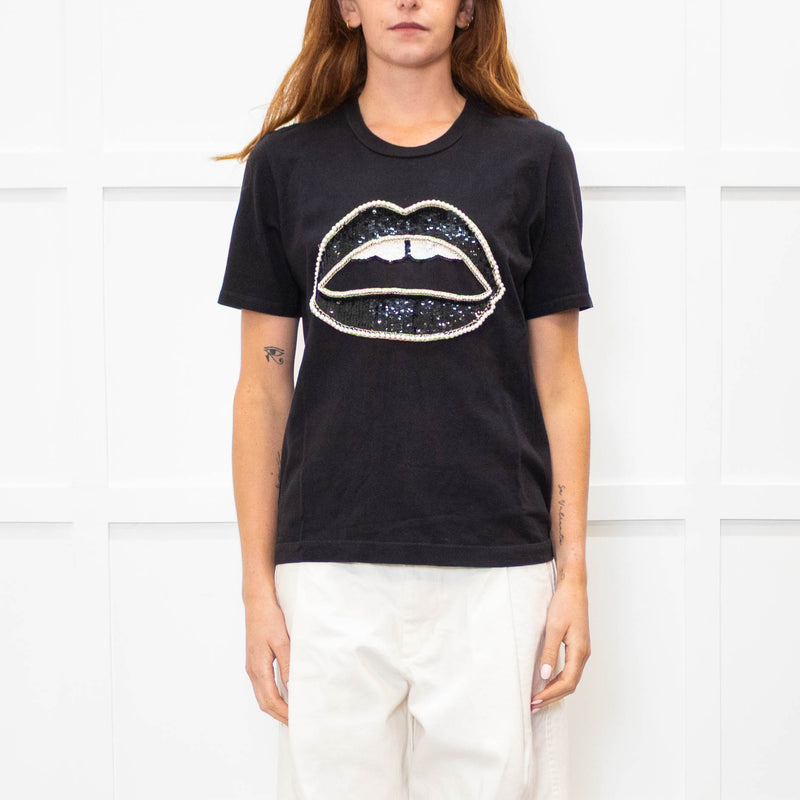 Markus Lupfer Black Faux Pearl Trim Lip Embellished T-Shirt