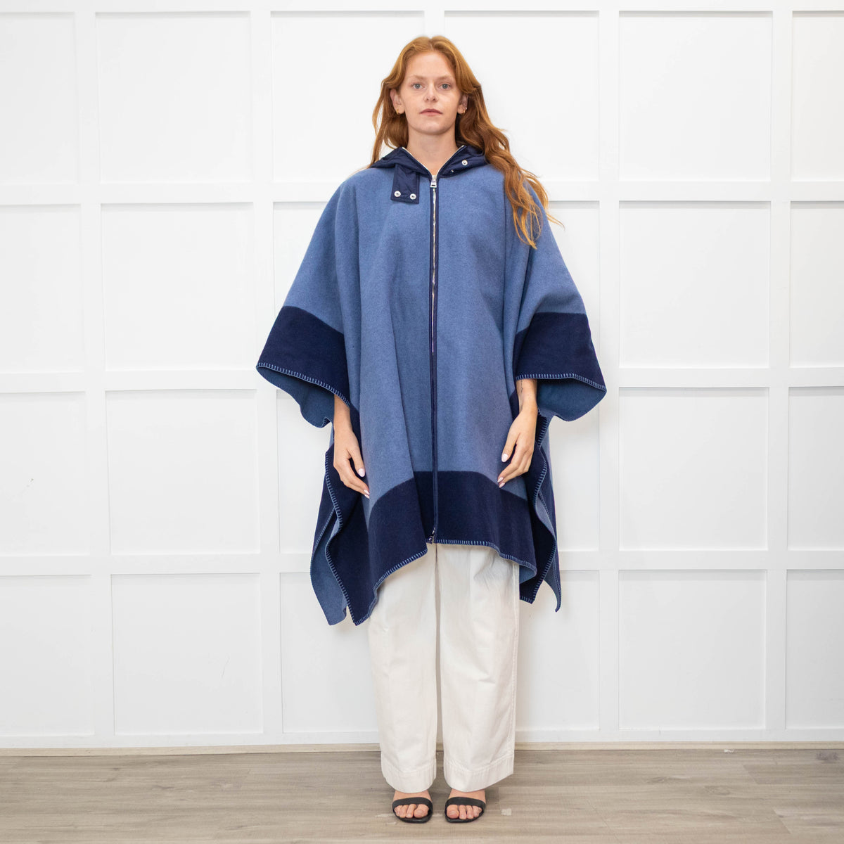 Etro Blue Navy Blue Horse Detail Wool Hooded Zip Front Cape