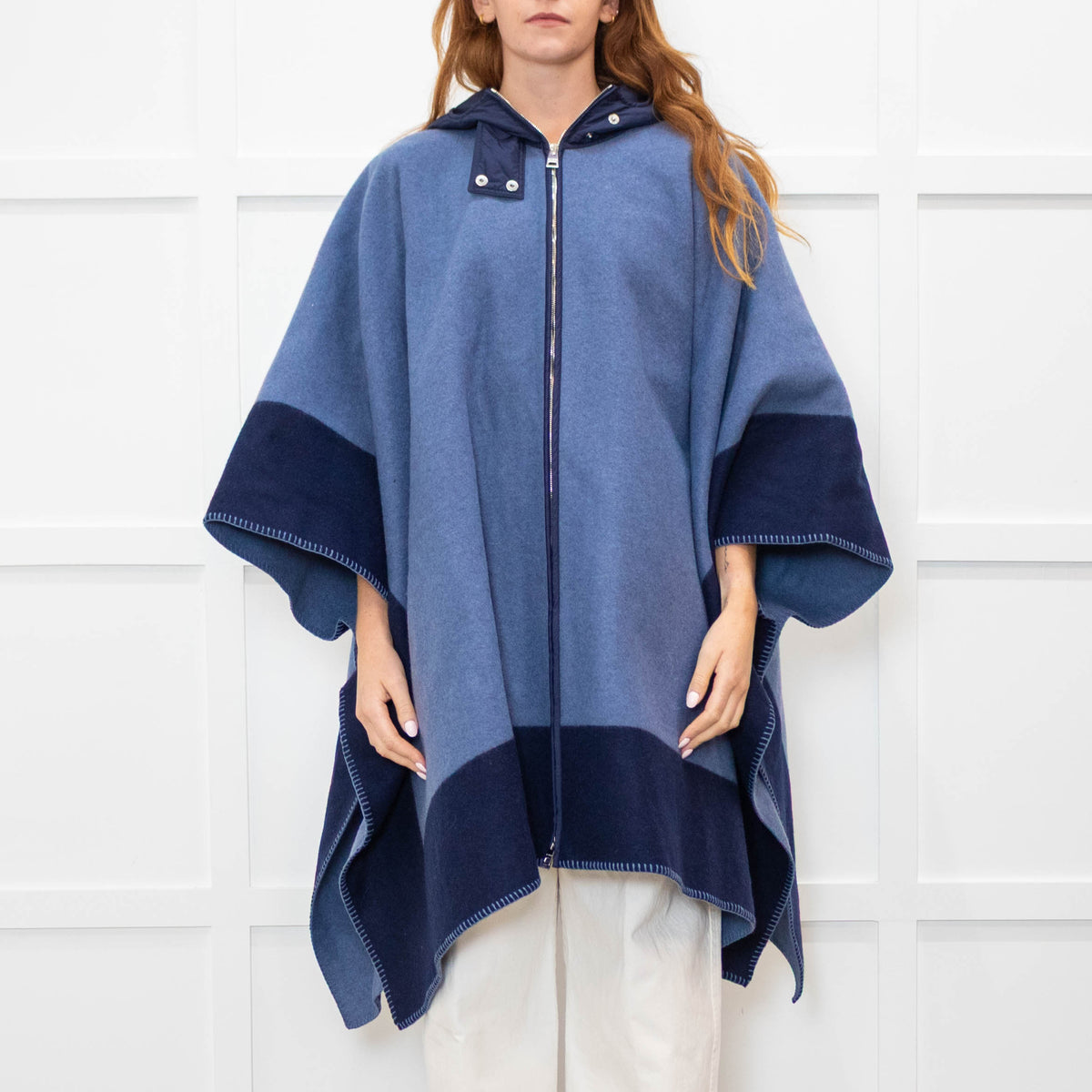 Etro Blue Navy Blue Horse Detail Wool Hooded Zip Front Cape