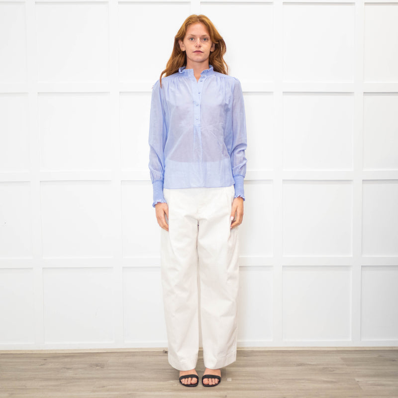 Me + Em Sky Blue Silk Cotton Blend Frill Cuff & Collar Blouse