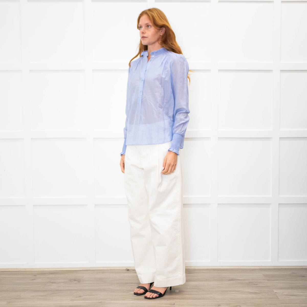 Me + Em Sky Blue Silk Cotton Blend Frill Cuff & Collar Blouse