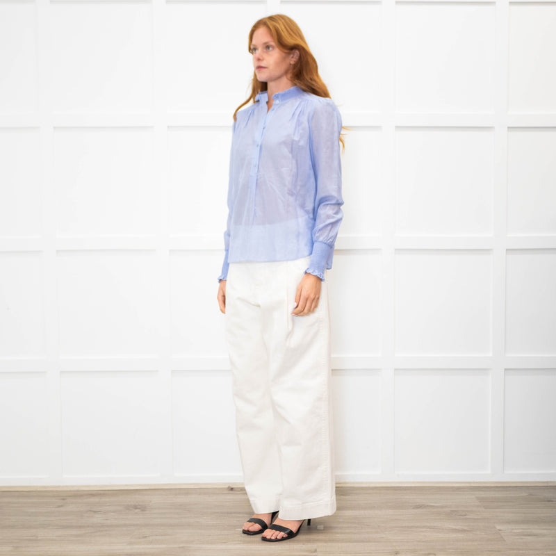 Me + Em Sky Blue Silk Cotton Blend Frill Cuff & Collar Blouse