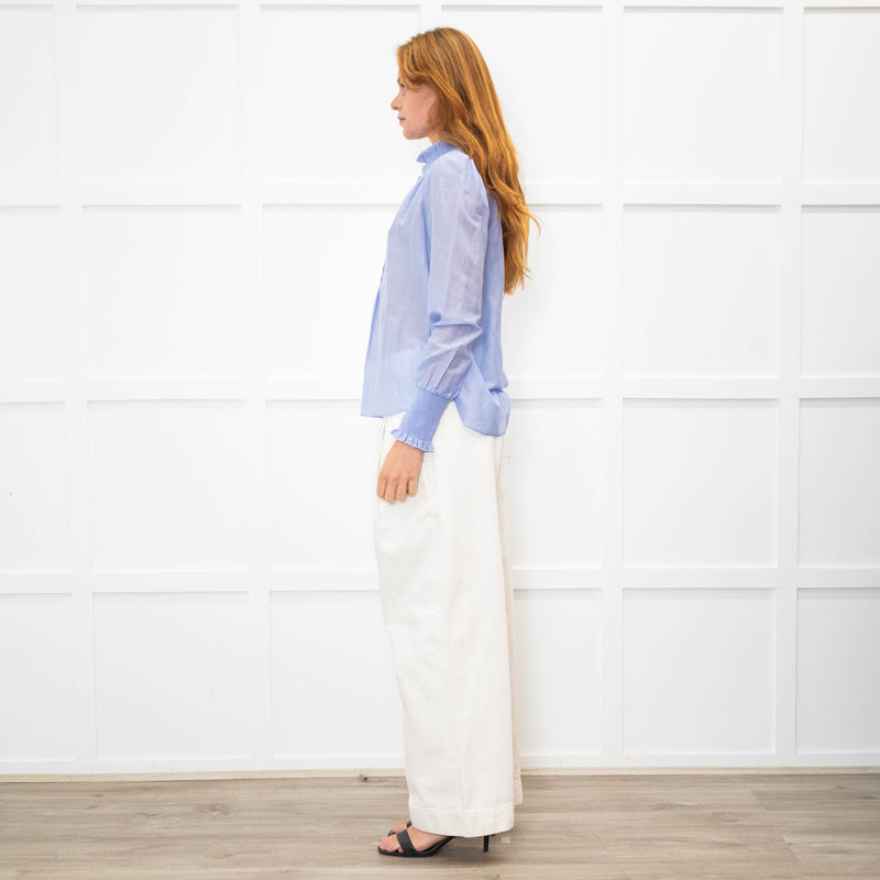 Me + Em Sky Blue Silk Cotton Blend Frill Cuff & Collar Blouse