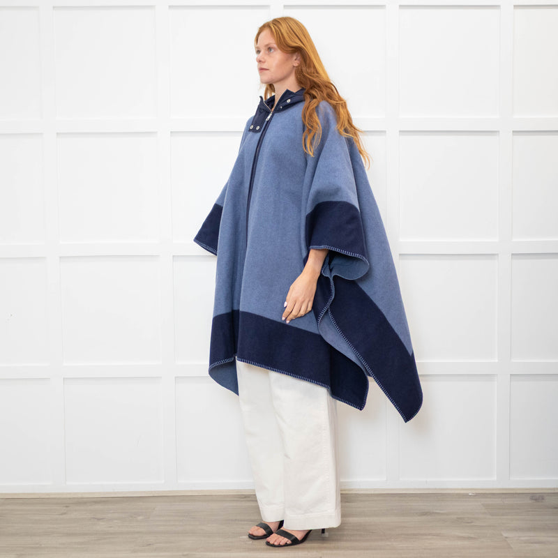 Etro Blue Navy Blue Horse Detail Wool Hooded Zip Front Cape