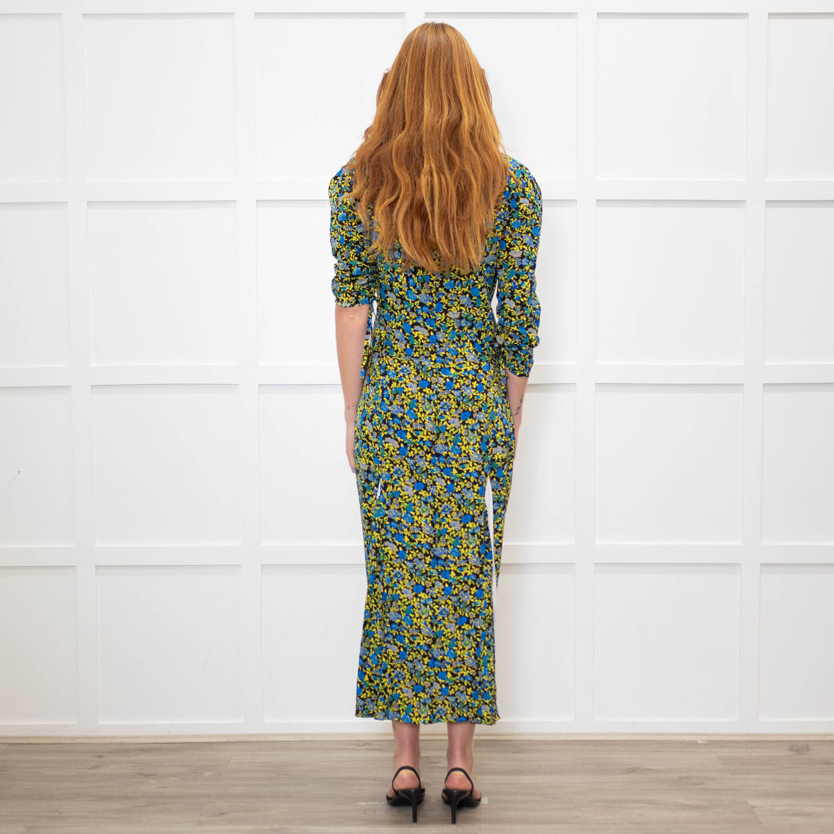 Victoria Beckham Black Blue Yellow Floral Long Sleeve Silk Dress