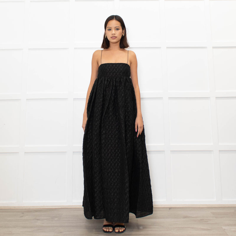 Cecilie Bahnsen Black Beth Linen Mix Plisse Maxi Dress