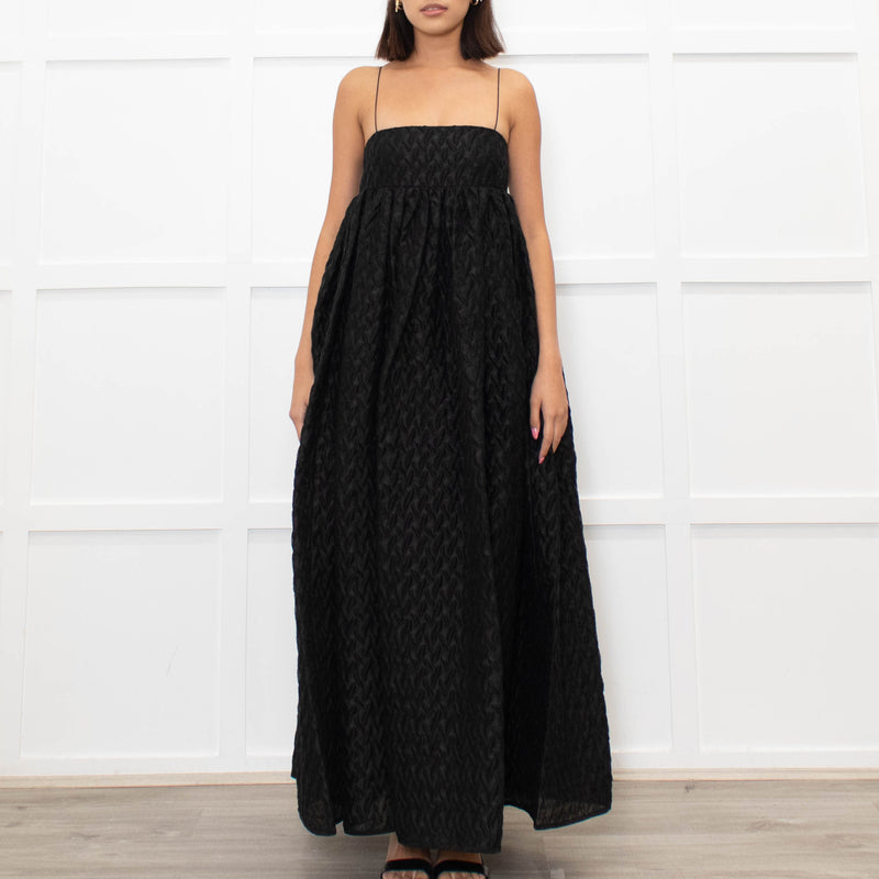 Cecilie Bahnsen Black Beth Linen Mix Plisse Maxi Dress