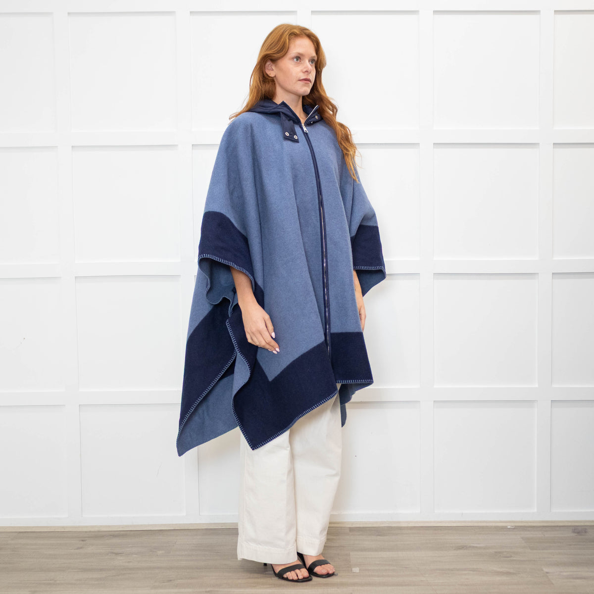 Etro Blue Navy Blue Horse Detail Wool Hooded Zip Front Cape