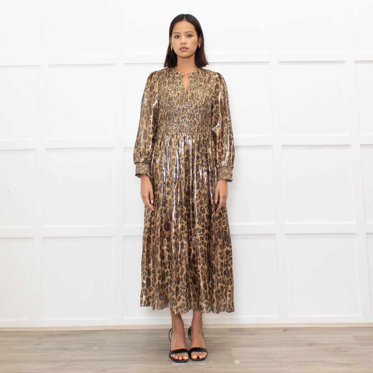 Wyse Leopard Lurex Smocked Midi Dress