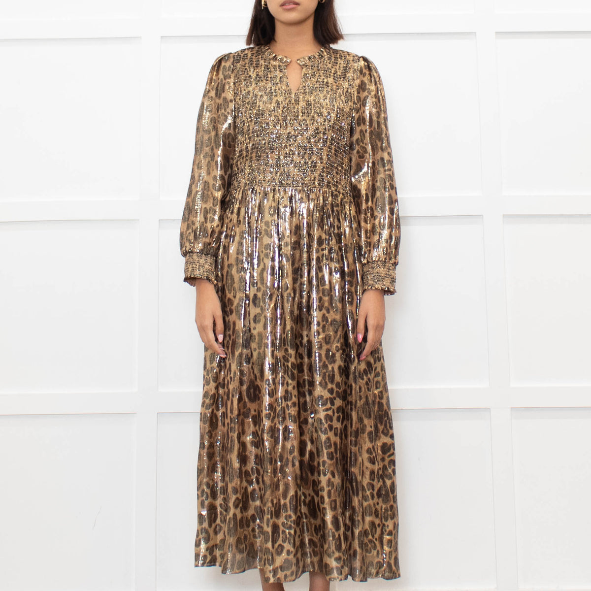 Wyse Leopard Lurex Smocked Midi Dress