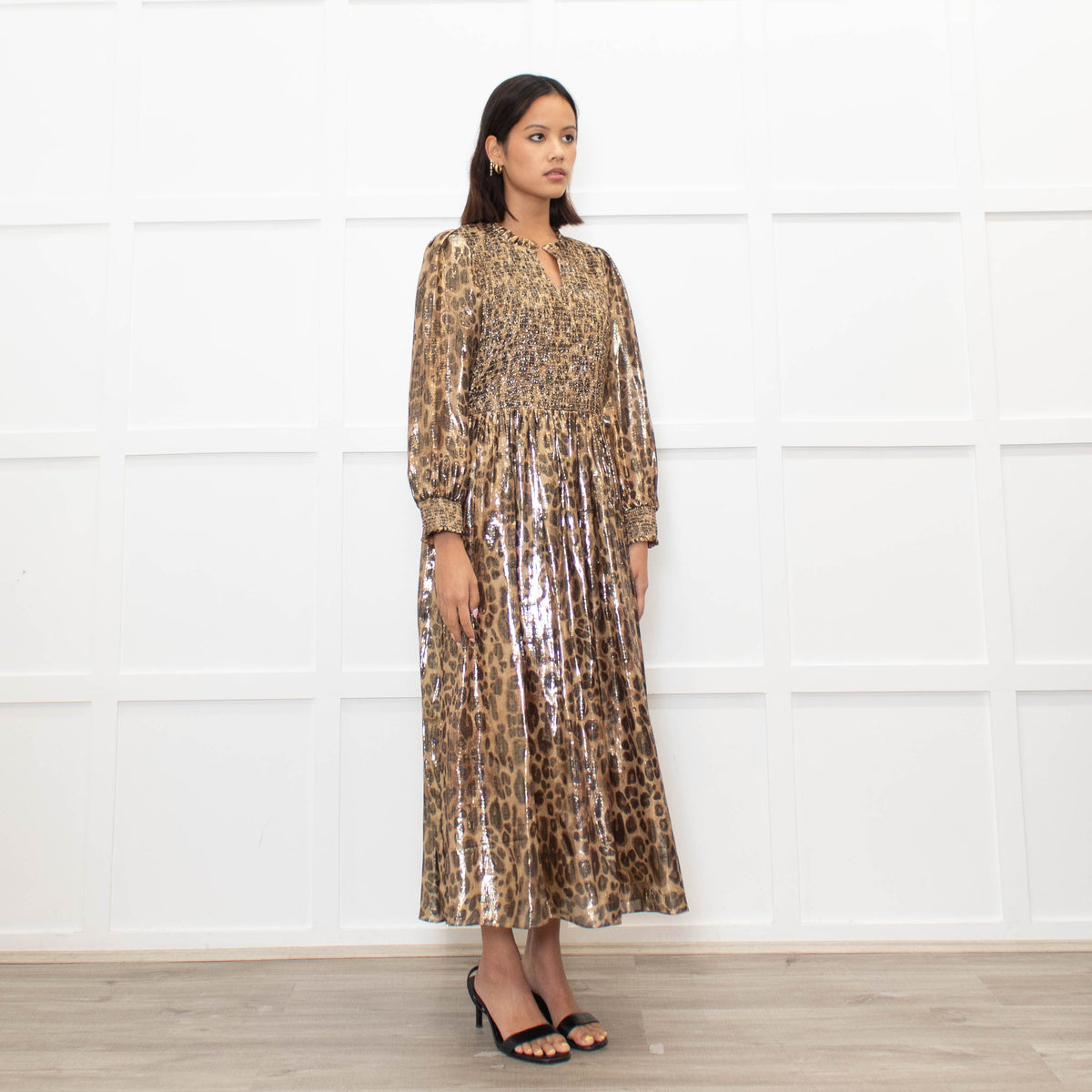 Wyse Leopard Lurex Smocked Midi Dress