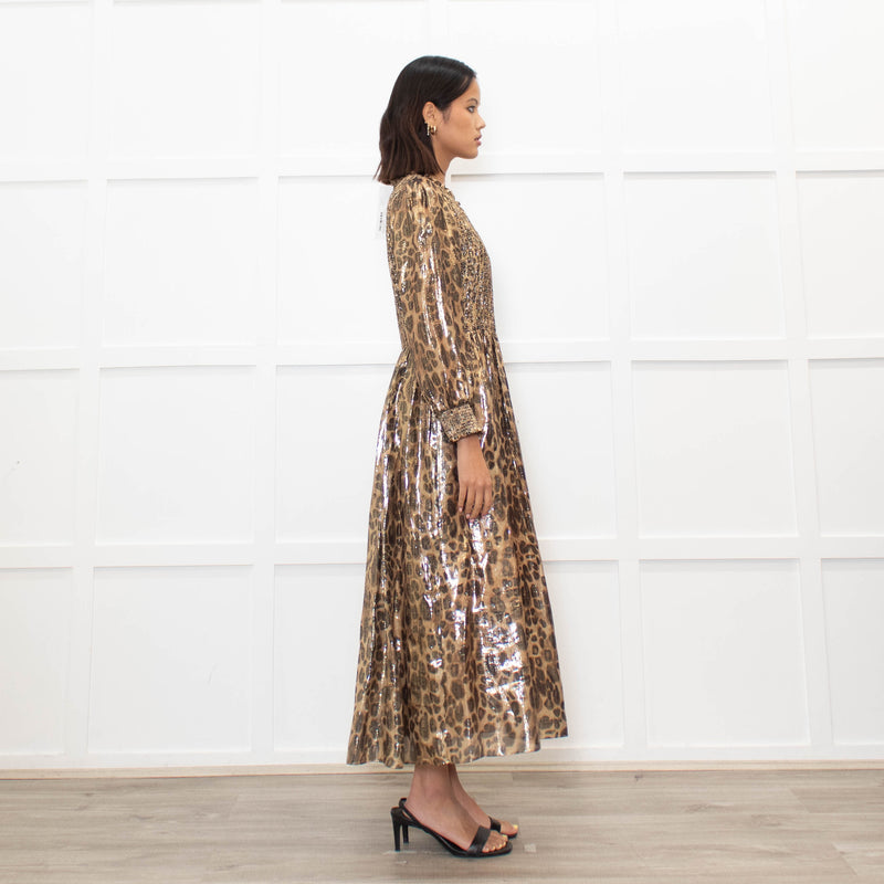 Wyse Leopard Lurex Smocked Midi Dress