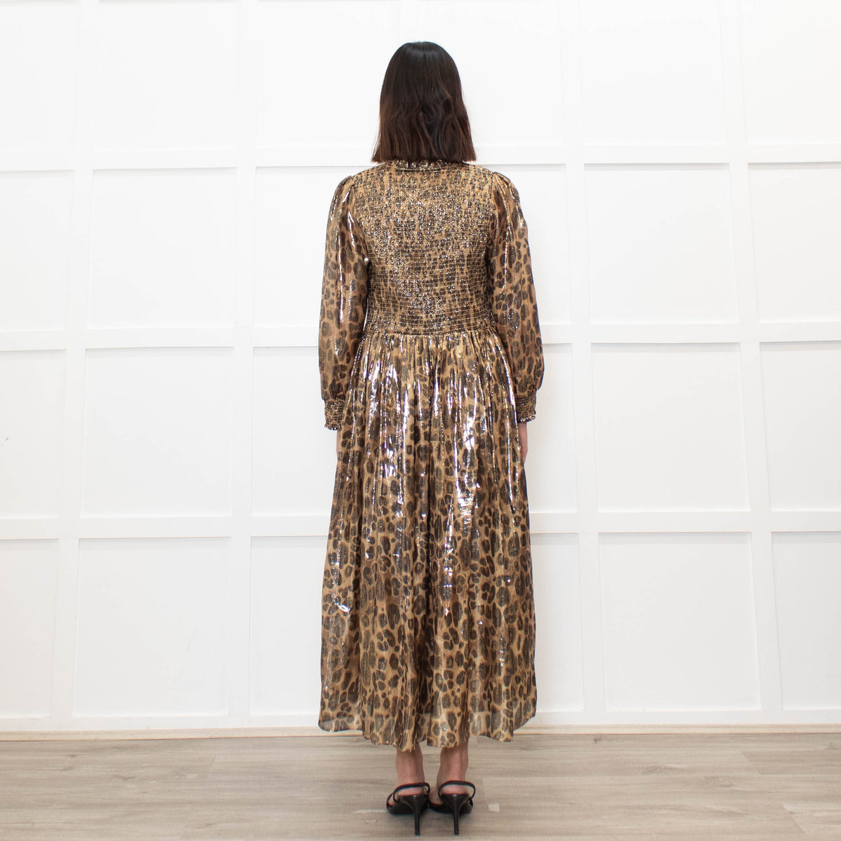 Wyse Leopard Lurex Smocked Midi Dress