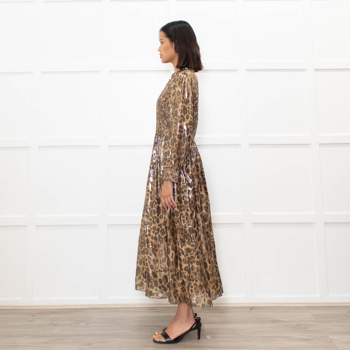 Wyse Leopard Lurex Smocked Midi Dress