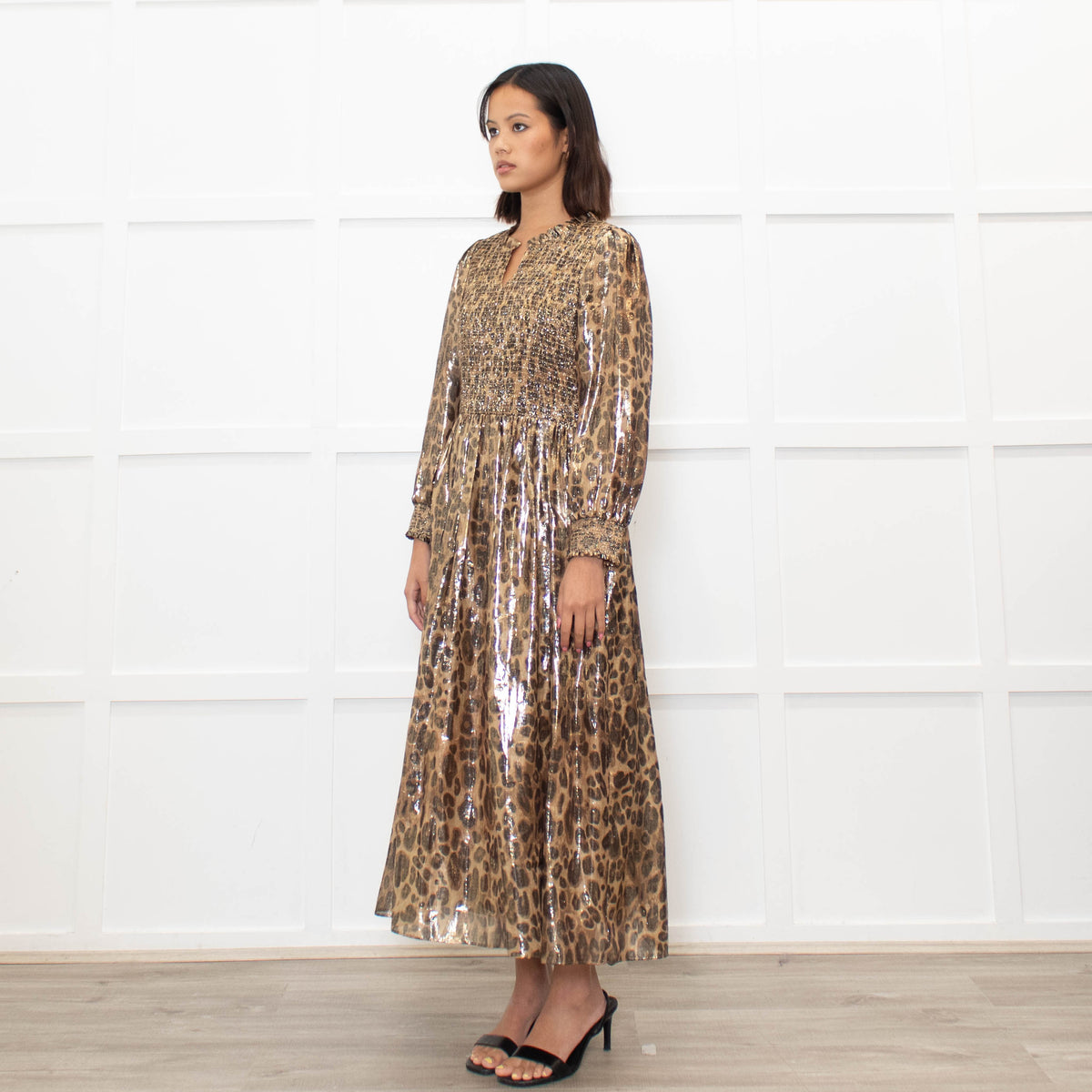 Wyse Leopard Lurex Smocked Midi Dress