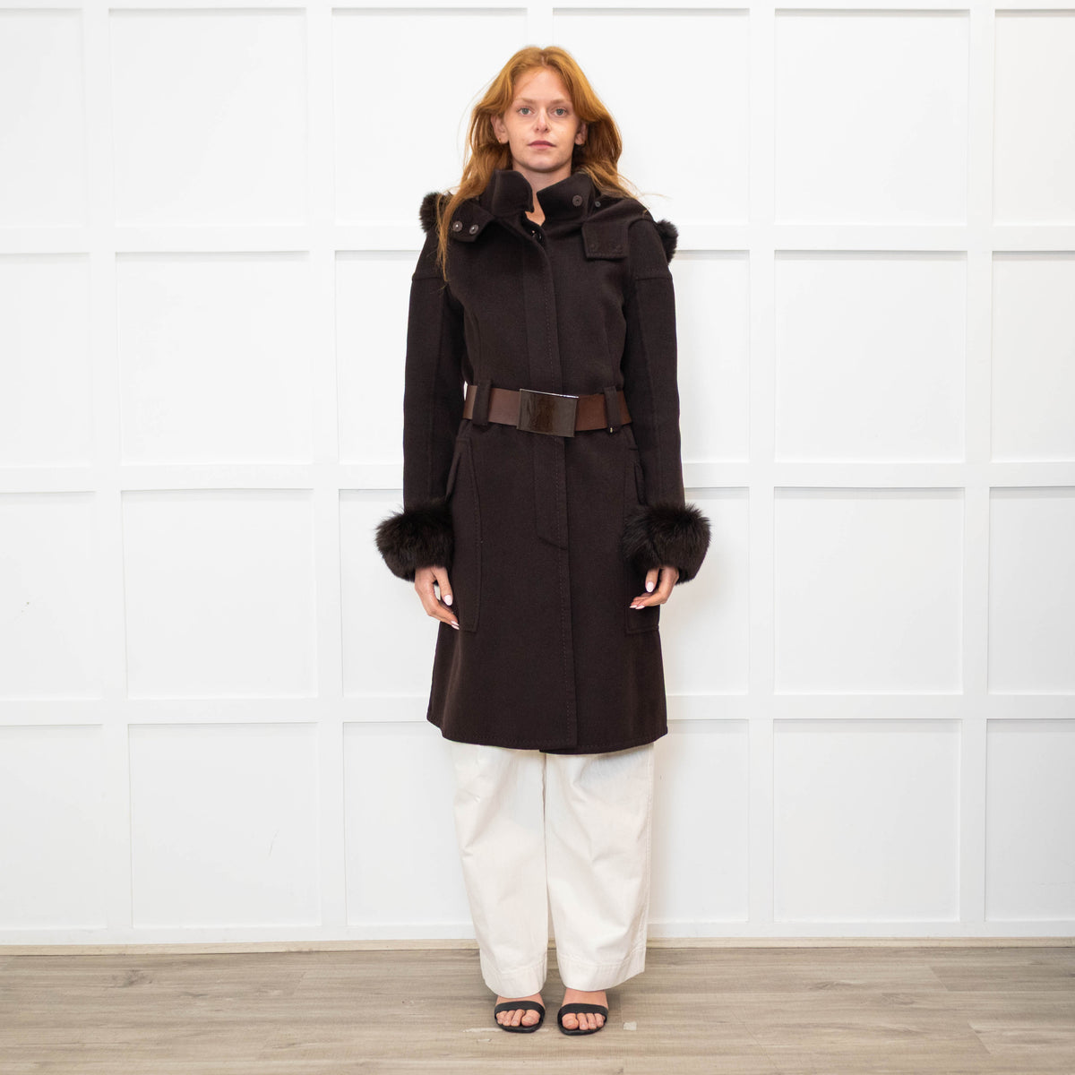 Sportmax Brown Fur Trim Hooded Belted Coat