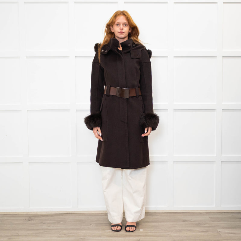 Sportmax Brown Fur Trim Hooded Belted Coat
