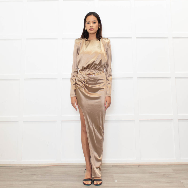 Bronx & Banco Gold Ruched Maxi Dress With Side Split And Gold  Chain Belt
