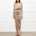 Bronx & Banco Gold Ruched Maxi Dress With Side Split And Gold  Chain Belt