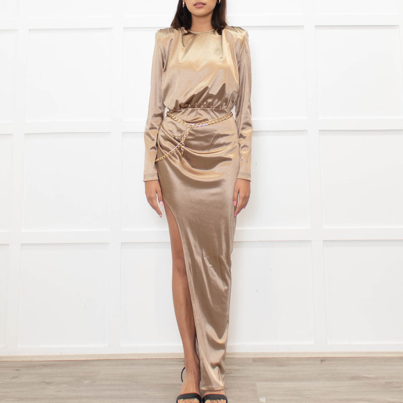 Bronx & Banco Gold Ruched Maxi Dress With Side Split And Gold  Chain Belt
