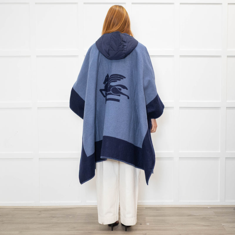 Etro Blue Navy Blue Horse Detail Wool Hooded Zip Front Cape