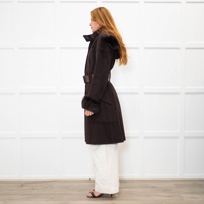 Sportmax Brown Fur Trim Hooded Belted Coat