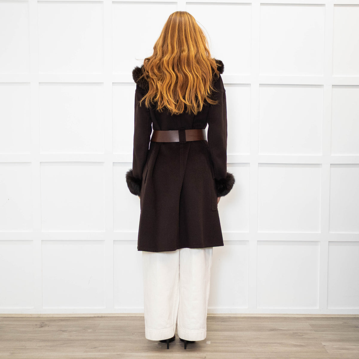 Sportmax Brown Fur Trim Hooded Belted Coat