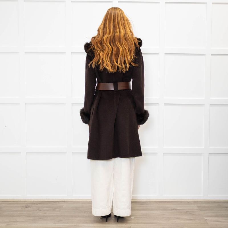 Sportmax Brown Fur Trim Hooded Belted Coat