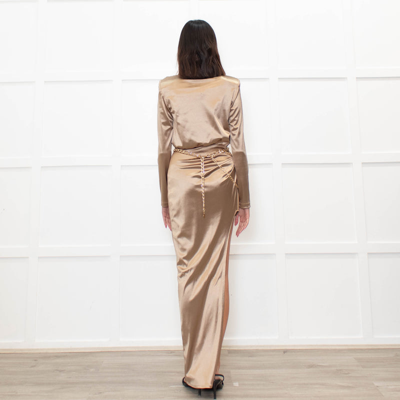 Bronx & Banco Gold Ruched Maxi Dress With Side Split And Gold  Chain Belt