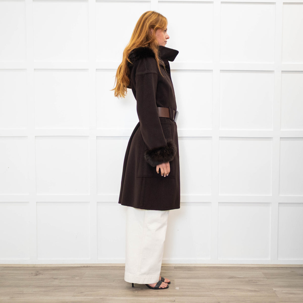 Sportmax Brown Fur Trim Hooded Belted Coat