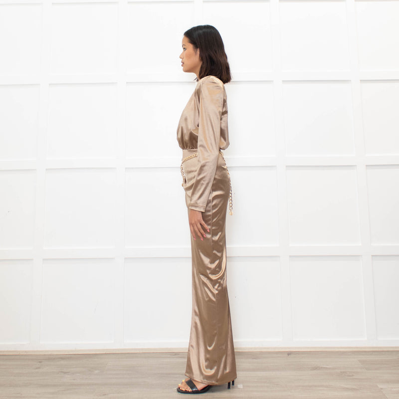 Bronx & Banco Gold Ruched Maxi Dress With Side Split And Gold  Chain Belt
