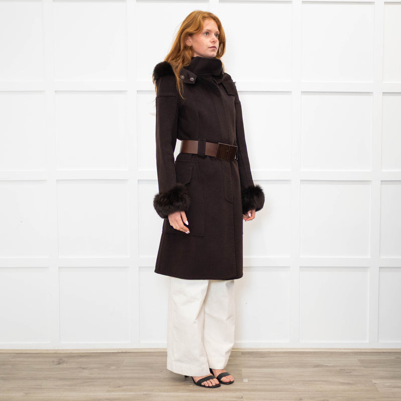 Sportmax Brown Fur Trim Hooded Belted Coat