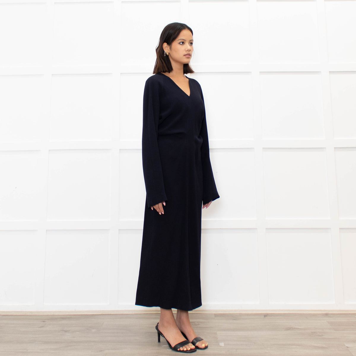 Raey Navy Blue Crepe Asymetric Long Sleeve Dress