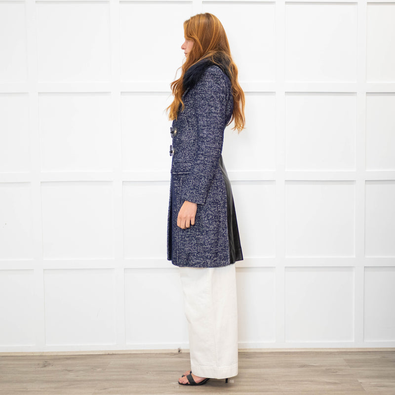 Versace Blue Herringbone Fur Collar Coat
